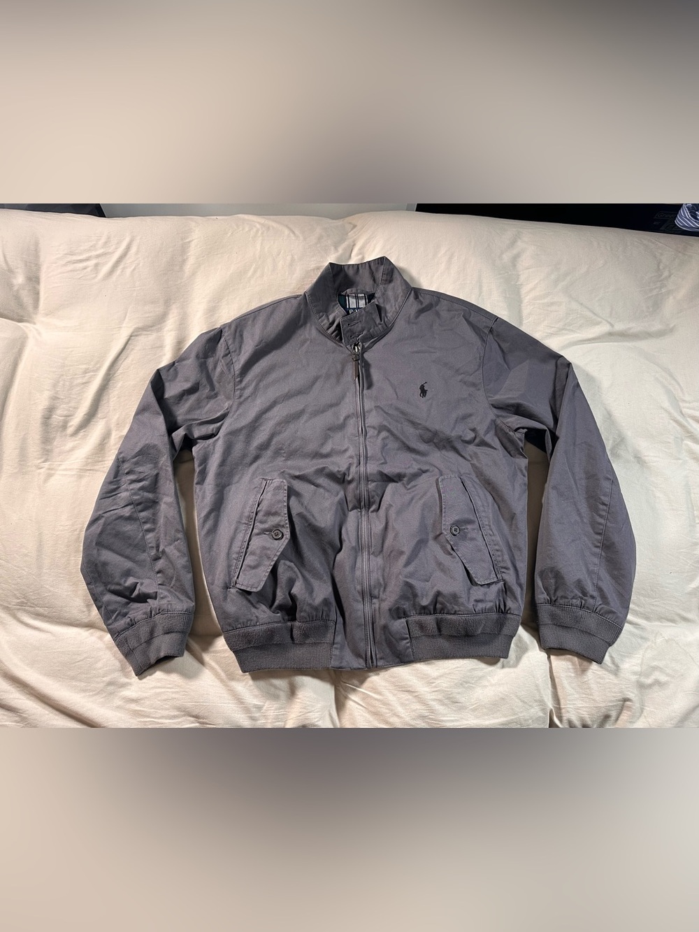 Polo Ralph Lauren Gray Harrington Flannel Lined Medium FullZip Bomber Jacket HTF